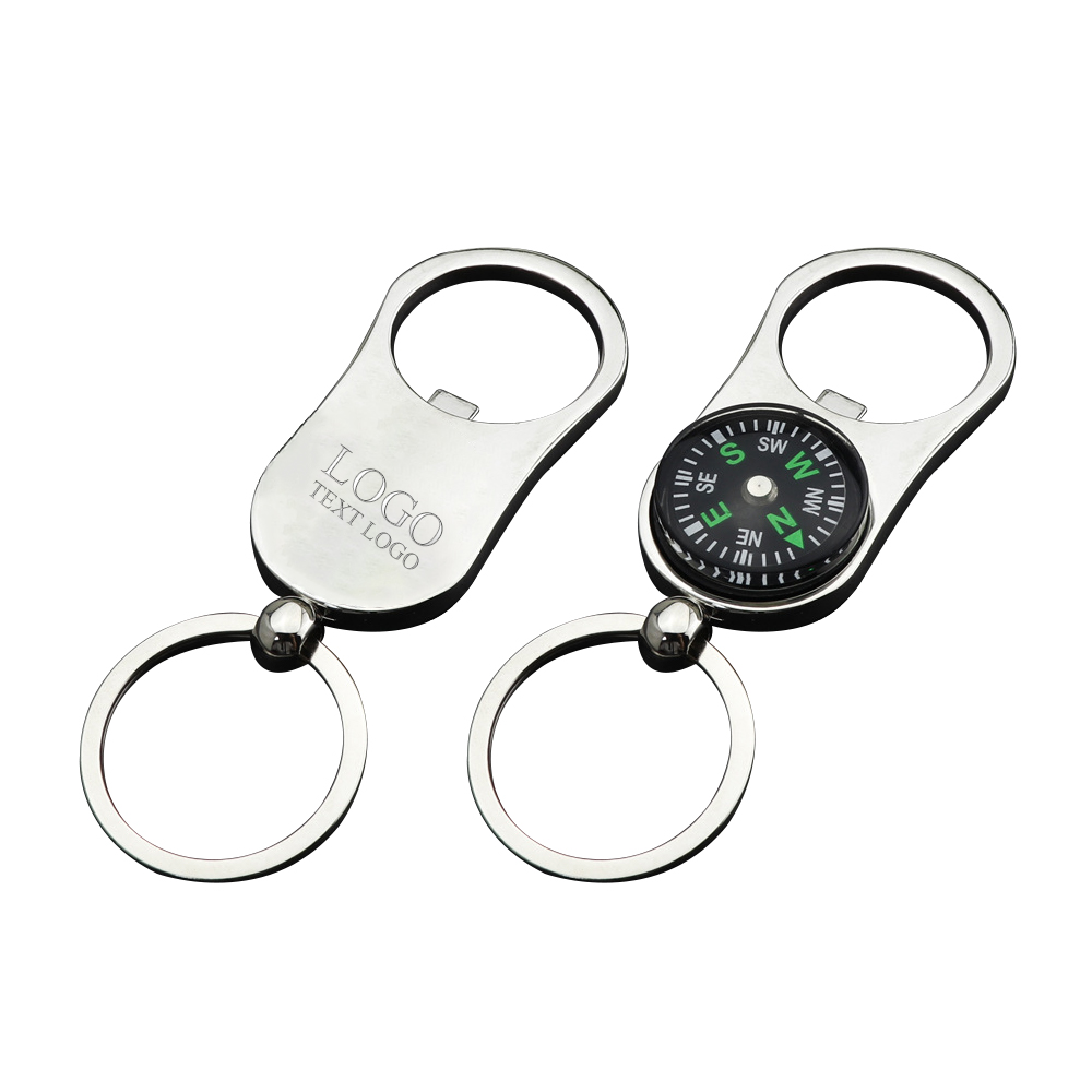 Metal Keychain with Decorative Compass and Bottle Opener