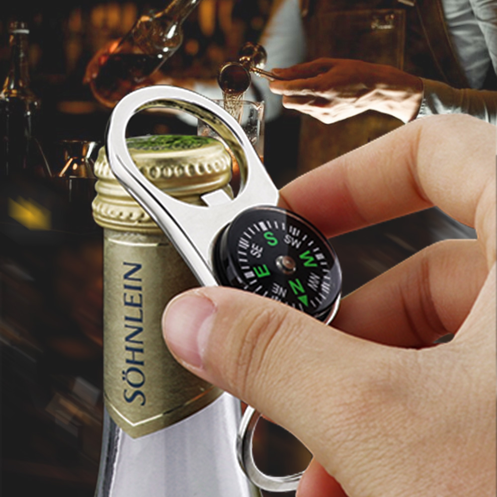 Metal Keychain with Decorative Compass and Bottle Opener